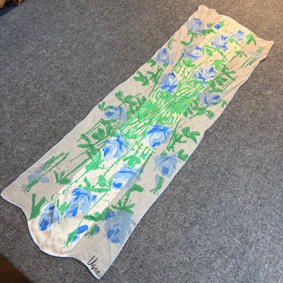 Vintage Accessories - Vintage Vera Neumann Silk Scarf Blue Green Floral Print Long Designer 15x43